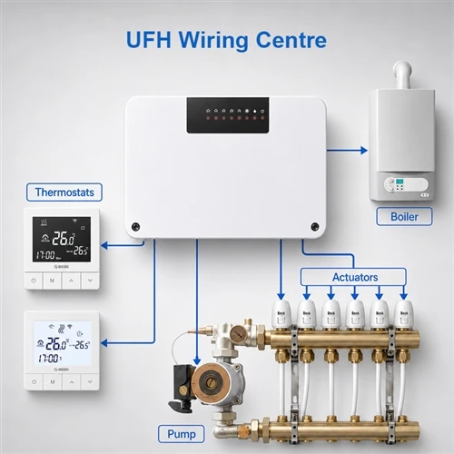 How a UFH Wiring Centre Controls Thermostats, Actuators, Pump and Boiler